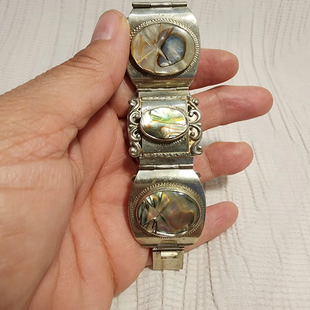 Vintage Taxco Sterling Silver 925 Abalone Panel Bracelet Mexico 7